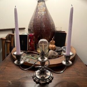 Gorgeous Antique Silver Plated over Copper Candelabra with Flame Center Snuff.